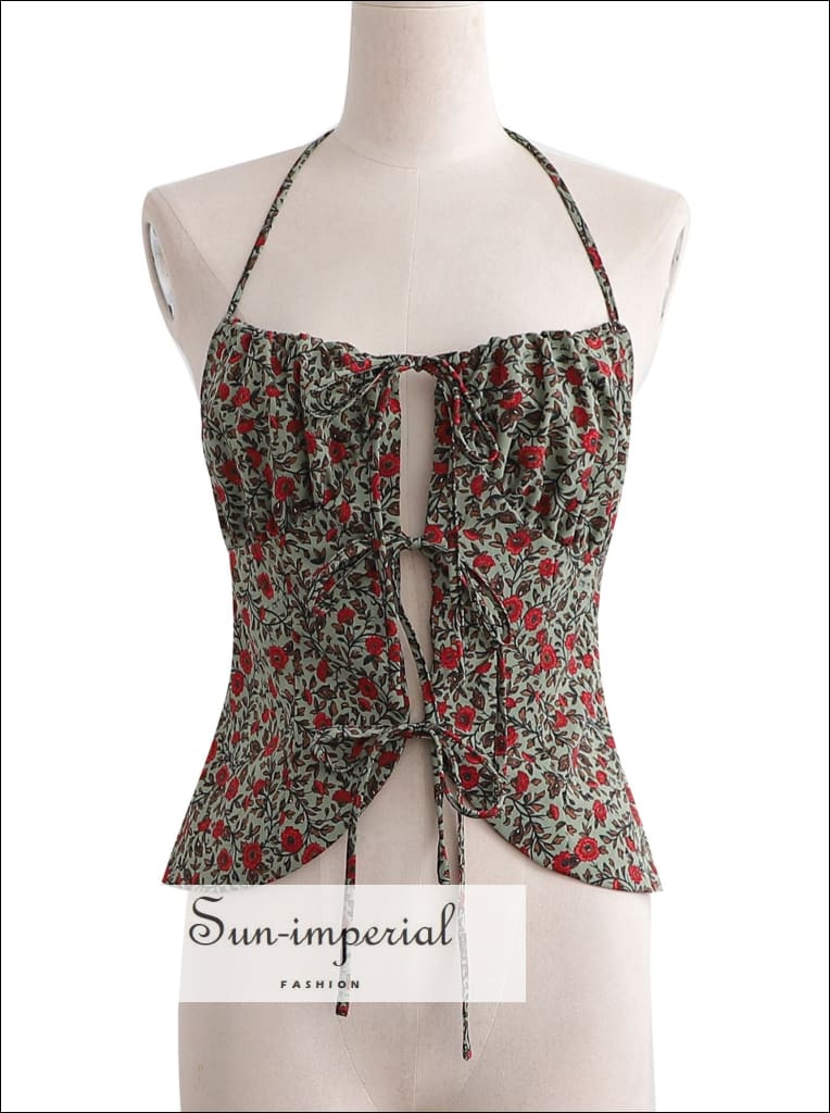 Women Floral Print Halter Camisole top with front Lace detail Bohemian Style, boho style, harajuku Preppy Style Clothes, vintage style 