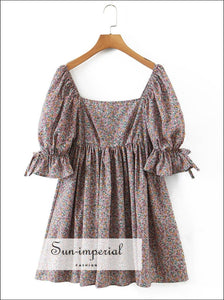 Women Floral Print Puff Sleeve Square Neckline A-line Pleated Mini Dress with Bow Tie detail Bohemian Style, chick sexy style, harajuku 