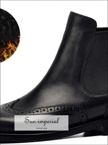 Women Genuine Leather Boots Brogue Carved Ankle Fashion Chelsea Low Heels Ladies Booties SUN-IMPERIAL United States