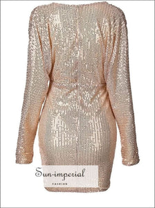 Women Gold Sequin Glitter Bodycon Mini Dress With Long Sleeve And Deep v Plunge Neckline Dvvp V Sun-Imperial United States