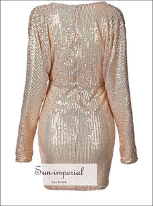 gold plunge sequin long sleeve bodycon dress 2026 Autumn School New Gold Sequin Women's Midi Dress Long Sleeve Deep V-neck Bodycon Dress Evening Party Dresses Vestidos