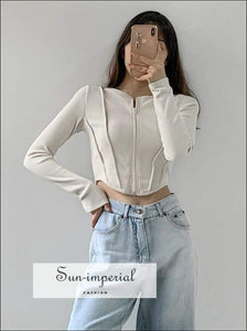 Women Gray Crop Fitted Ripped top with Center Zipper and Curve Hem detail Basic style, casual chick sexy harajuku Preppy Style Clothes 