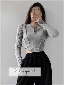 Women Gray Crop Fitted Ripped top with Center Zipper and Curve Hem detail Basic style, casual chick sexy harajuku Preppy Style Clothes 