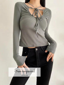 Women Gray Long Sleeve Center front Keyhole Tie Drawstring Neckline Fitted T-shirt Basic style, casual PUNK STYLE, street Front SUN-IMPERIAL