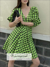 Women Green and Black Plaid Short Puff Sleeve V Neck A-line Mini Dress bohemian style, boho harajuku Preppy Style Clothes, PUNK STYLE 
