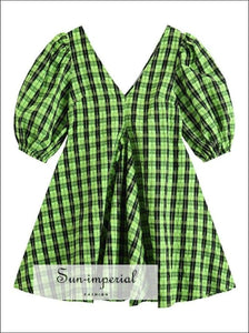 Sun-imperial - women green and Black plaid short puff sleeve v neck a-line mini dress M Sun-imperial - women green and Black plaid short puff sleeve v neck a-line mini dress M