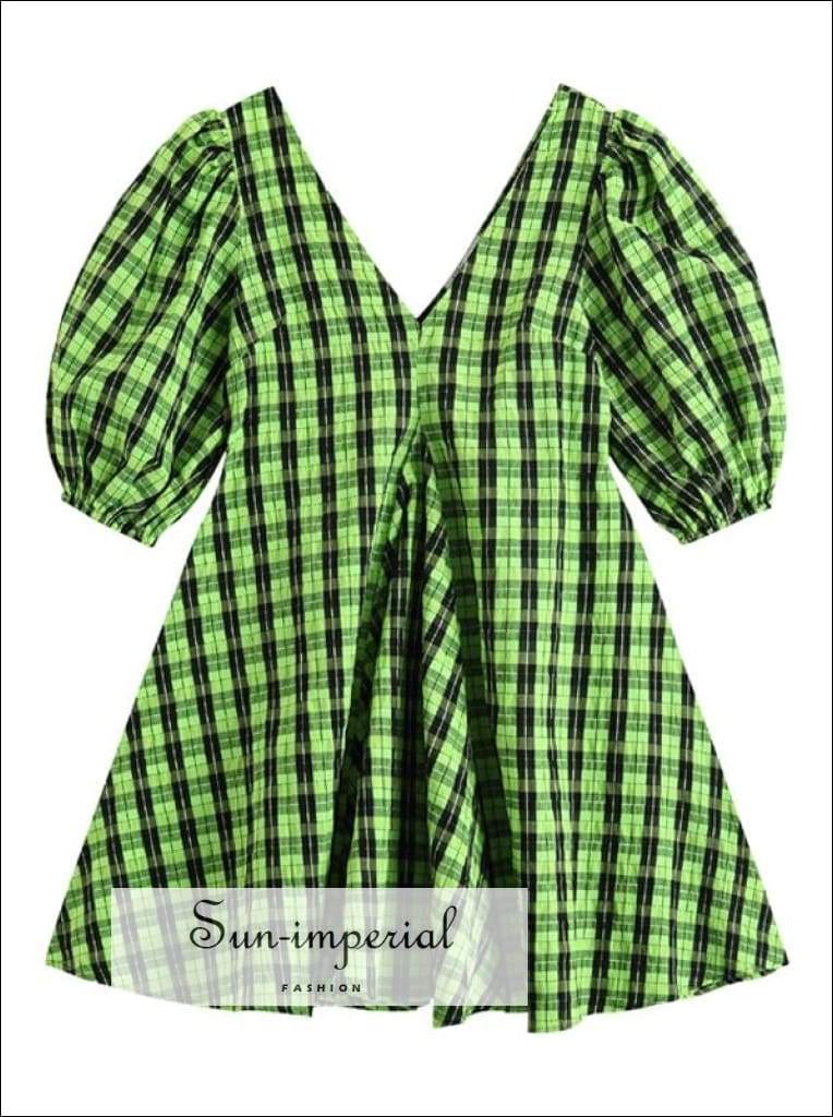Women Green and Black Plaid Short Puff Sleeve V Neck A-line Mini Dress bohemian style, boho harajuku Preppy Style Clothes, PUNK STYLE 
