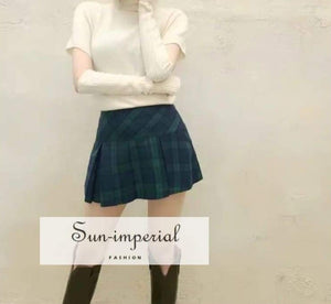 Women Green and Blue High Waist A-line Plaid Pleated Mini Skirt Checkered Tennis casual style, chick sexy harajuku Preppy Style Clothes, 