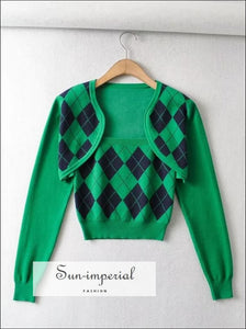 Women Green and Navy Argyle Cropped Knit Tank & Cardigan Set casual style, chick sexy harajuku Preppy Style Clothes, PUNK STYLE SUN-IMPERIAL