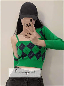 Women Green and Navy Argyle Cropped Knit Tank & Cardigan Set casual style, chick sexy harajuku Preppy Style Clothes, PUNK STYLE SUN-IMPERIAL