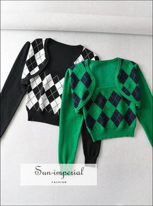 Women Green and Navy Argyle Cropped Knit Tank & Cardigan Set casual style, chick sexy harajuku Preppy Style Clothes, PUNK STYLE SUN-IMPERIAL