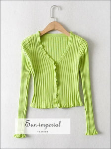 Women Green Button up Long Sleeve Ribbed Cardigan with Frill Trims V Neck Knit top Basic style, street Streetwear, vintage style 
