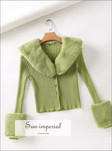 Women Green Detachable Plush Faux Fur Collar and Cuff Knit Cropped Cardigan Basic style, Bohemian Style, boho casual harajuku style 