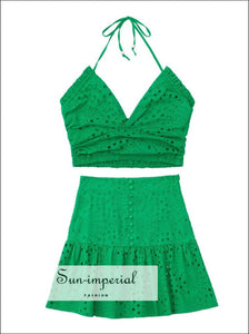 Women Green Embroidered Summer Halter Cropped Tank top and Mini Two Piece Skirt Set 2 piece skirt set, basic crop mini tow set Sun-Imperial 
