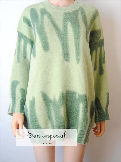 Women Green Graffiti Print Oversized O-neck Loose Warm Pullover Knitted Sweater SUN-IMPERIAL United States