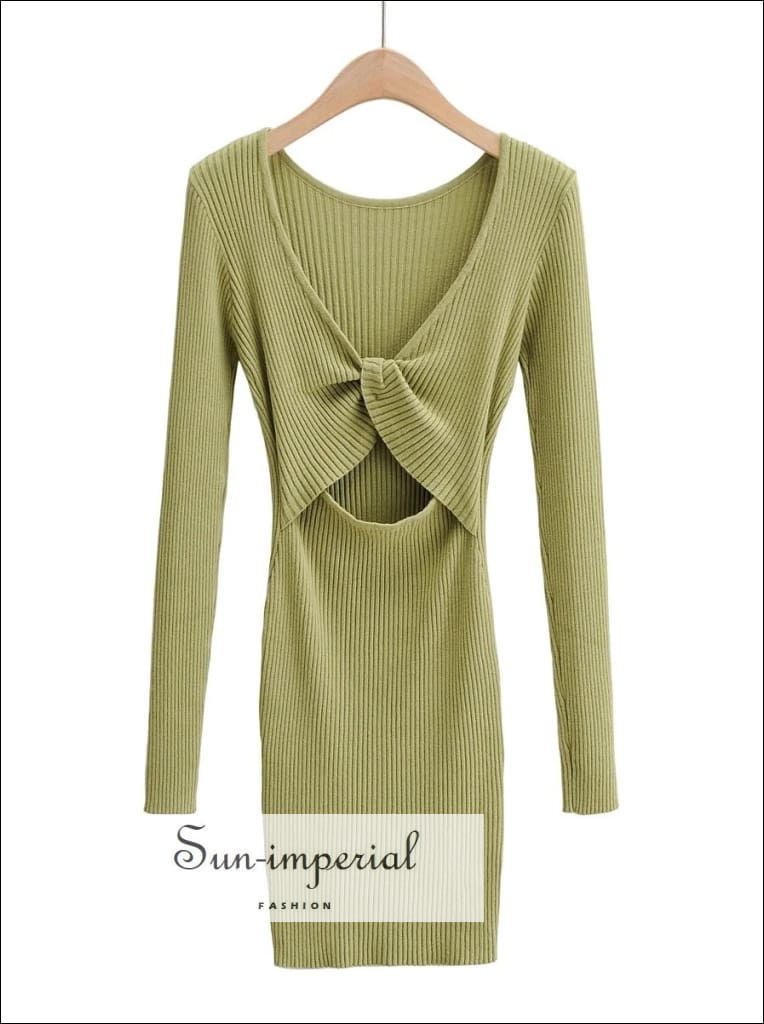 Sun-imperial - Women Green Knitted Jumper Bodycon Mini Dress with Cut-Out and Twist Back Detail Green / S Sun-imperial - Women Green Knitted Jumper Bodycon Mini Dress with Cut-Out and Twist Back Detail Green / S