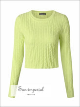 Women Green Lime Neon Round Neck Cable Cropped Knit Jumper Basic style, harajuku Preppy Style Clothes, PUNK STYLE, street style SUN-IMPERIAL