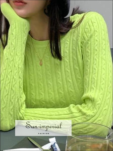 Women Green Lime Neon Round Neck Cable Cropped Knit Jumper Basic style, harajuku Preppy Style Clothes, PUNK STYLE, street style SUN-IMPERIAL