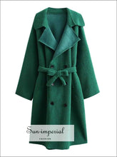 Women Green Maxi Tie Waist Faux Lamb Fur Long Sleeve Oversized Warm Outerwear Trench Coat casual style, harajuku Preppy Style Clothes, 