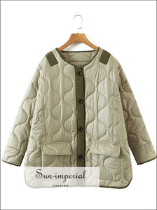 Women Green Quilted Autumn Winter Oversize Long Sleeve Coat Sun-Imperial United States
