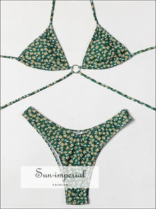 Women Green Triangle Vintage Floral Print Bikini Set with Ring detail With Detail Sun-Imperial United States