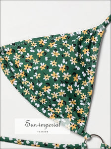 Women Green Triangle Vintage Floral Print Bikini Set with Ring detail With Detail Sun-Imperial United States