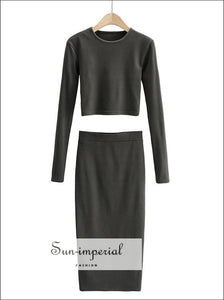 Women Grey Casual Co-ord Fit O Neck Long Sleeve Crop top and Midi Skirt Set basic skirt set, Basic style, casual harajuku PUNK STYLE 