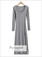 Women Grey Casual Square Scoop Neck Long Sleeved Midi Dress with High Cut side Split Basic style, casual dress, chick sexy With Side 