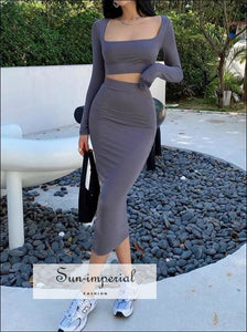 Women Grey co Ord Square Neck Long Sleeves Crop T-shirt and Bodycon Midi Two Piece Skirt Set Basic style, casual chick sexy harajuku PUNK 