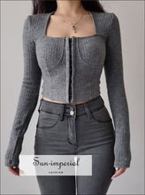 Women Grey Corset Style Seam Ribbed Square Neckline Long Sleeve top with Center Hook detail casual style, style women blouse, chick sexy 