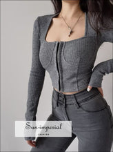 Women Grey Corset Style Seam Ribbed Square Neckline Long Sleeve top with Center Hook detail casual style, style women blouse, chick sexy 