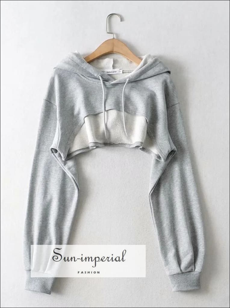 Women Grey Curved Cut front Super Crop Hoodie Drop Shoulder Street Style Hooded Sweatshirt BASIC, street style SUN-IMPERIAL United States