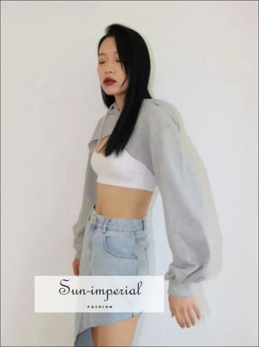 Women Grey Curved Cut front Super Crop Hoodie Drop Shoulder Street Style Hooded Sweatshirt BASIC, street style SUN-IMPERIAL United States