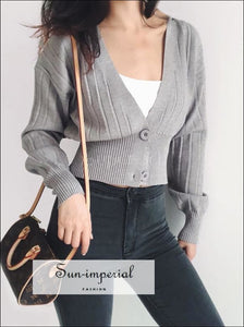 Women Grey Deep V Neck Casual Ribbed Knitted Cardigan Sweater with Leathern Sleeve Basic style, Bohemian Style, casual chick sexy harajuku 