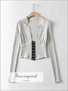 Women Grey Deep V Plunge Neck Long Sleeve T-shirt Ribbed top with Hooks front Basic style, casual chick sexy corset harajuku style 