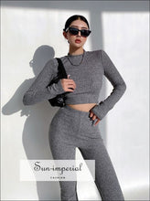 Women Grey High Neck Ribbed Long Sleeve Crop top and Stretch Waist Flare Trousers Co-ord Two Basic style, casual chick sexy harajuku Preppy 