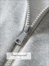 Women Grey Long Sleeve Chic Drawstring Pullover Crop top Sweatshirt with Zipper Upper detail Basic style, casual harajuku Sweatshirt, Preppy