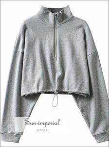 Women Grey Long Sleeve Chic Drawstring Pullover Crop top Sweatshirt with Zipper Upper detail Basic style, casual harajuku Sweatshirt, Preppy