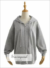 Women Grey Oversized Hooded Sweatshirt Drop Shoulder Zipper Jacket Basic style, casual harajuku Preppy Style Clothes, PUNK STYLE 