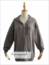 Women Grey Oversized Hooded Sweatshirt Drop Shoulder Zipper Jacket Basic style, casual harajuku Preppy Style Clothes, PUNK STYLE 