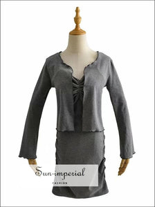 Women Grey Ruched Bust Cami Mini Bodycon Dress and Flare Long Sleeve Frill Trimmed top Two Pieces Basic style, casual chick sexy dress 