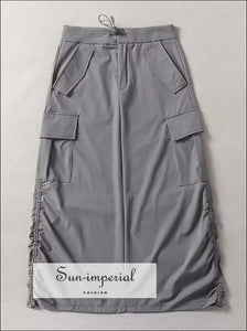 Women Grey Ruched Drawstring Sides Maxi Cargo Skirt with back Split casual style, chick sexy harajuku PUNK STYLE, sporty style Sun-Imperial 