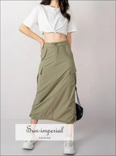 Women Grey Ruched Drawstring Sides Maxi Cargo Skirt with back Split casual style, chick sexy harajuku PUNK STYLE, sporty style Sun-Imperial 