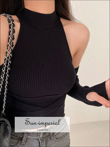 Women High Neck Criss Cross Knitted From Fitting Sleeveless Top With Matching Knit Arm Sleeve Thumb Hole Sun-Imperial United States