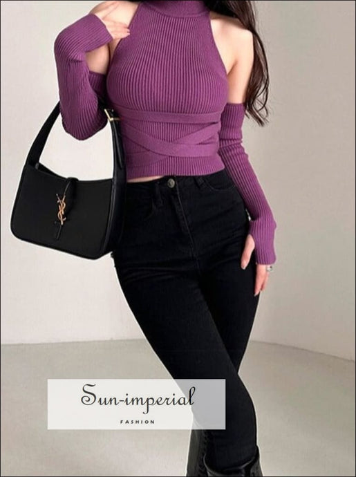 Women High Neck Criss Cross Knitted From Fitting Sleeveless Top With Matching Knit Arm Sleeve Thumb Hole Sun-Imperial United States