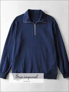 Womens Half Zip Sweatshirt Oversized Long Sleeve Collar Drop Shoulder Solid 1/4  Zipper Pullover Jacket 