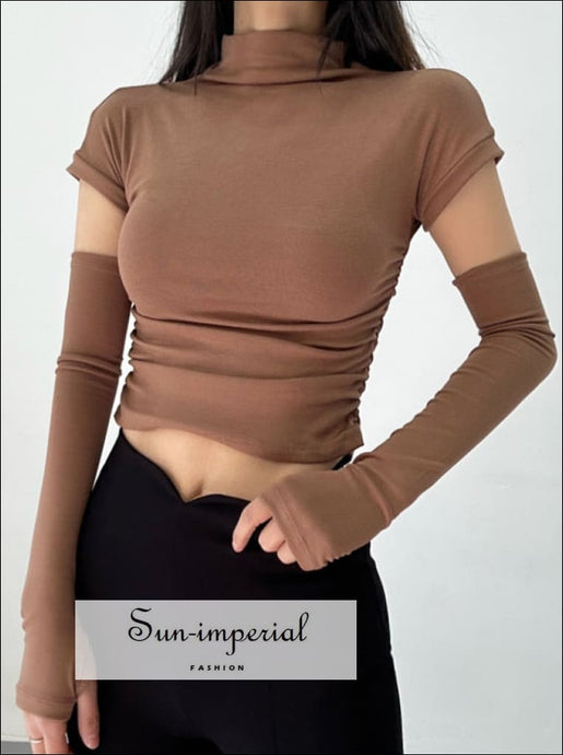 Women Turtleneck Ruched Short Sleeve Tank Top With Long Gloves Detail Sun-Imperial United States