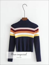 Women High Neck Stripe Ribbed Knit top Rainbow Striped Jumper BASIC SUN-IMPERIAL United States