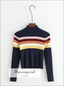 Women High Neck Stripe Ribbed Knit top Rainbow Striped Jumper BASIC SUN-IMPERIAL United States