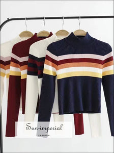 Women High Neck Stripe Ribbed Knit top Rainbow Striped Jumper BASIC SUN-IMPERIAL United States